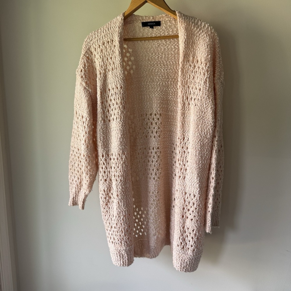 JESICA Light Pink Boho Hollow Out Crochet Longline Cardigan Mid-Length Size Med